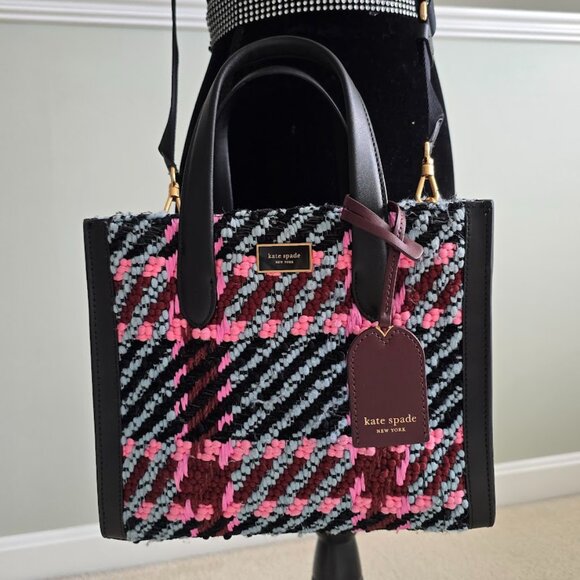 Kate Spade Manhattan Small Plaid Crossbody Tote Handbag w/ Plaque Logo PREOWNED - Picture 4 of 16